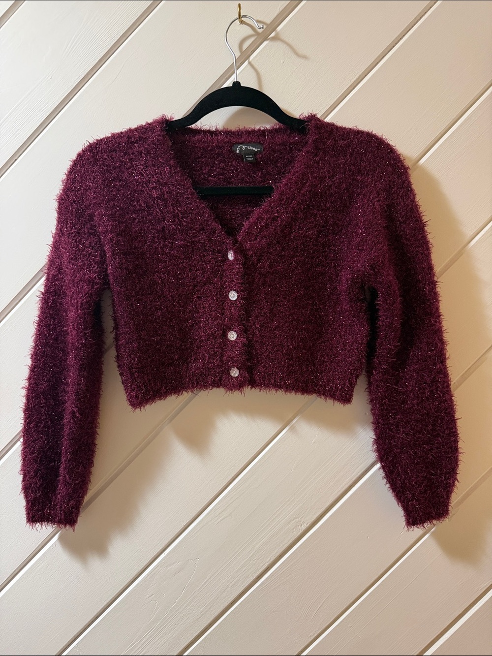 art class Fuzzy V-Neck Cropped Cardigan - Burgundy